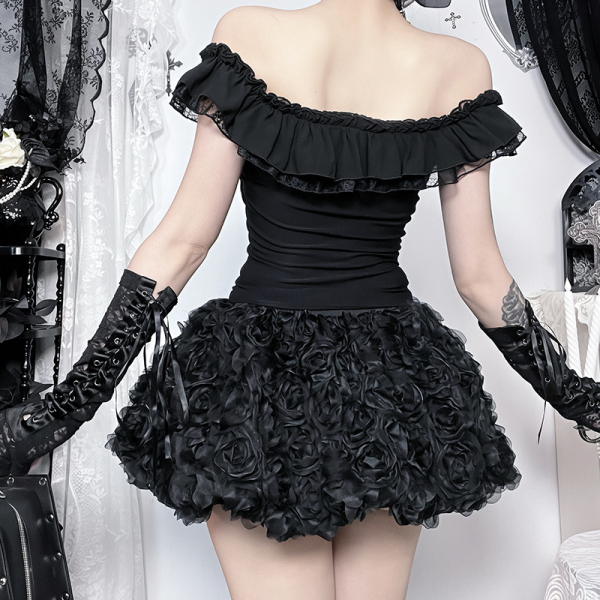 Gothic Black Ruffled Square Neck Top Dark Style Side Lacing Sleeveless Top